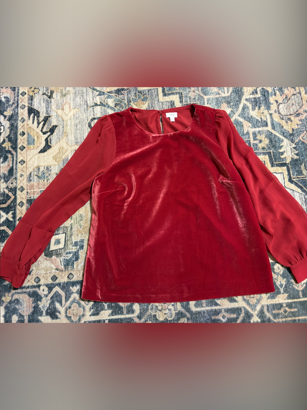 J. Crew Red Velvet and Chiffon Long-Sleeve Blouse